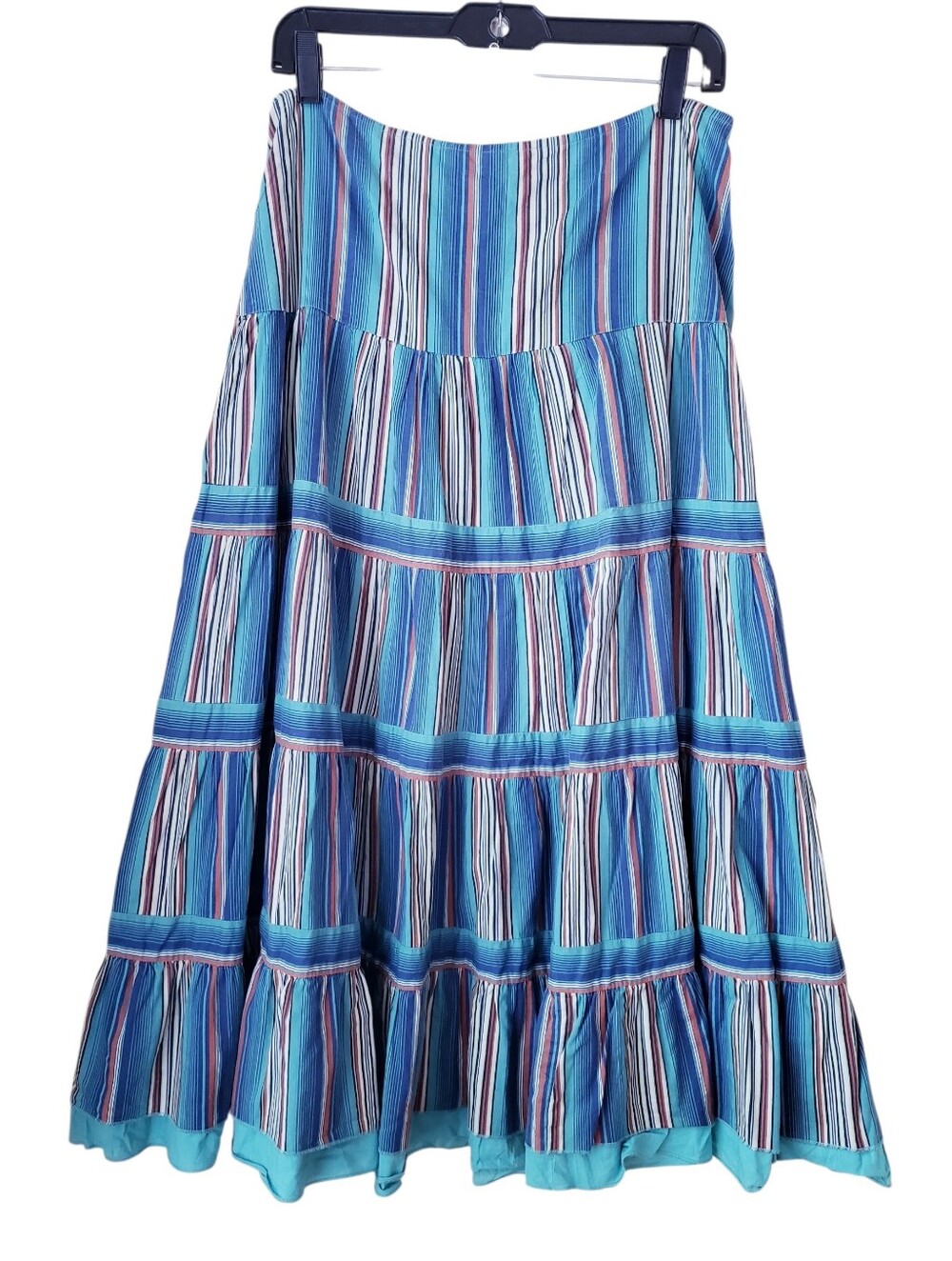 Vintage Tapemeasure Blue Striped Tiered Maxi Skirt